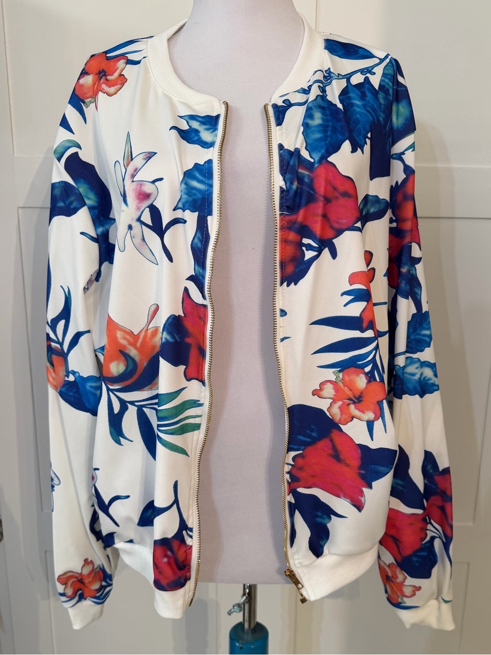 Floral Zip-Front Bomber Jacket - White with Blue & Red Floral Print
